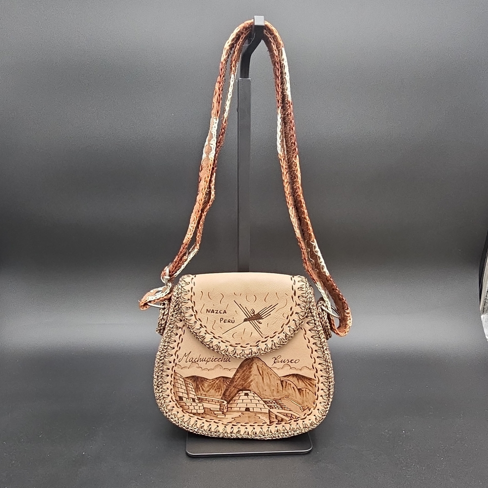 Handcrafted Tan Leather Machu Picchu Crossbody Bag